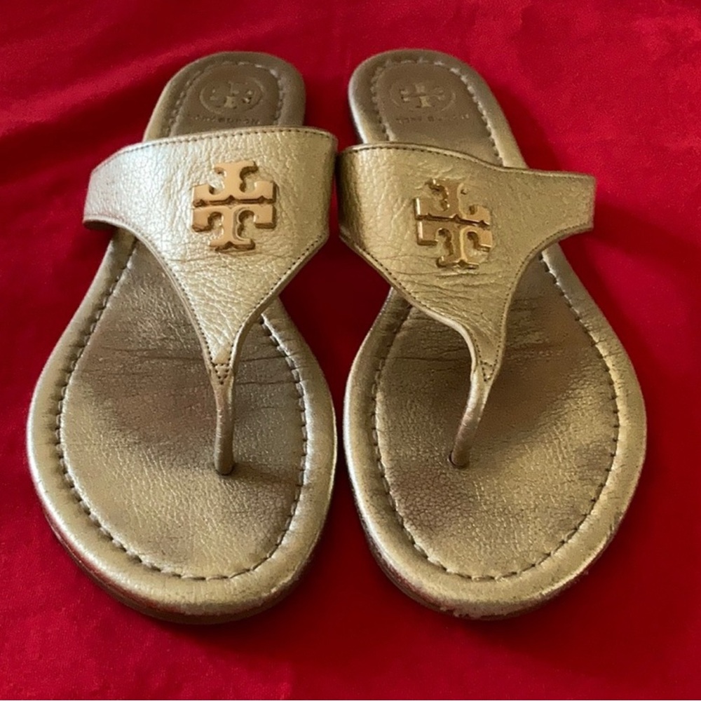 Tory Burch Metallic Gold Leather Thong Sandals